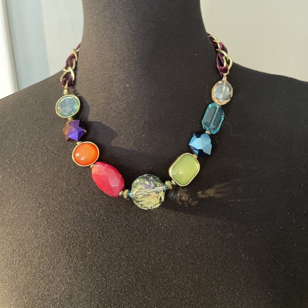 Beaded Multicolored Necklace Gold Tone Mixed Materials Rainbow Statement Chain - Picture 2 of 16